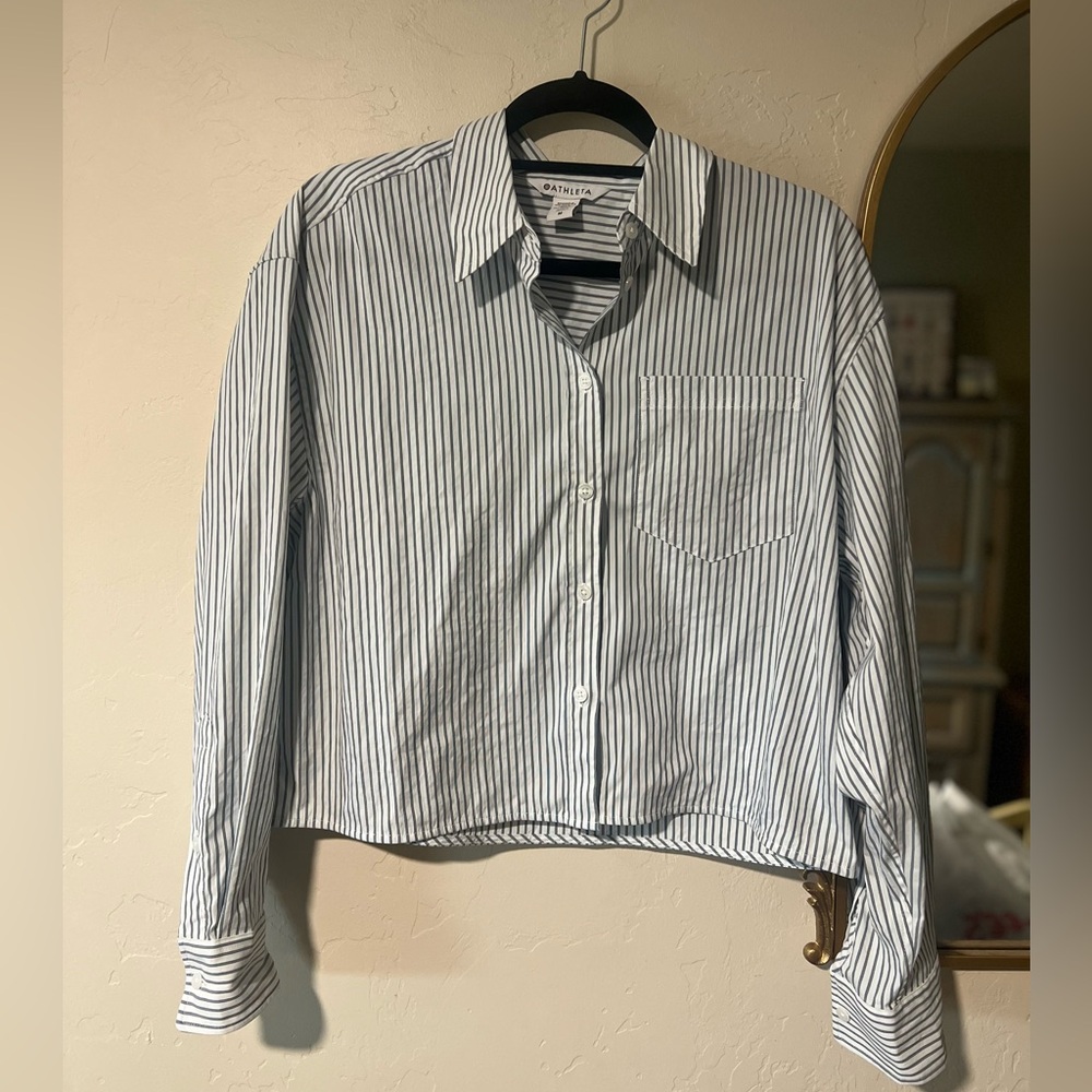 Athleta Midday Cropped Poplin Shirt Repose Navy Stripe Size M - Picture 3 of 14